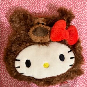 Sanrio Hello Kitty Plush Face Cushion in Brown Fur with Red Bow